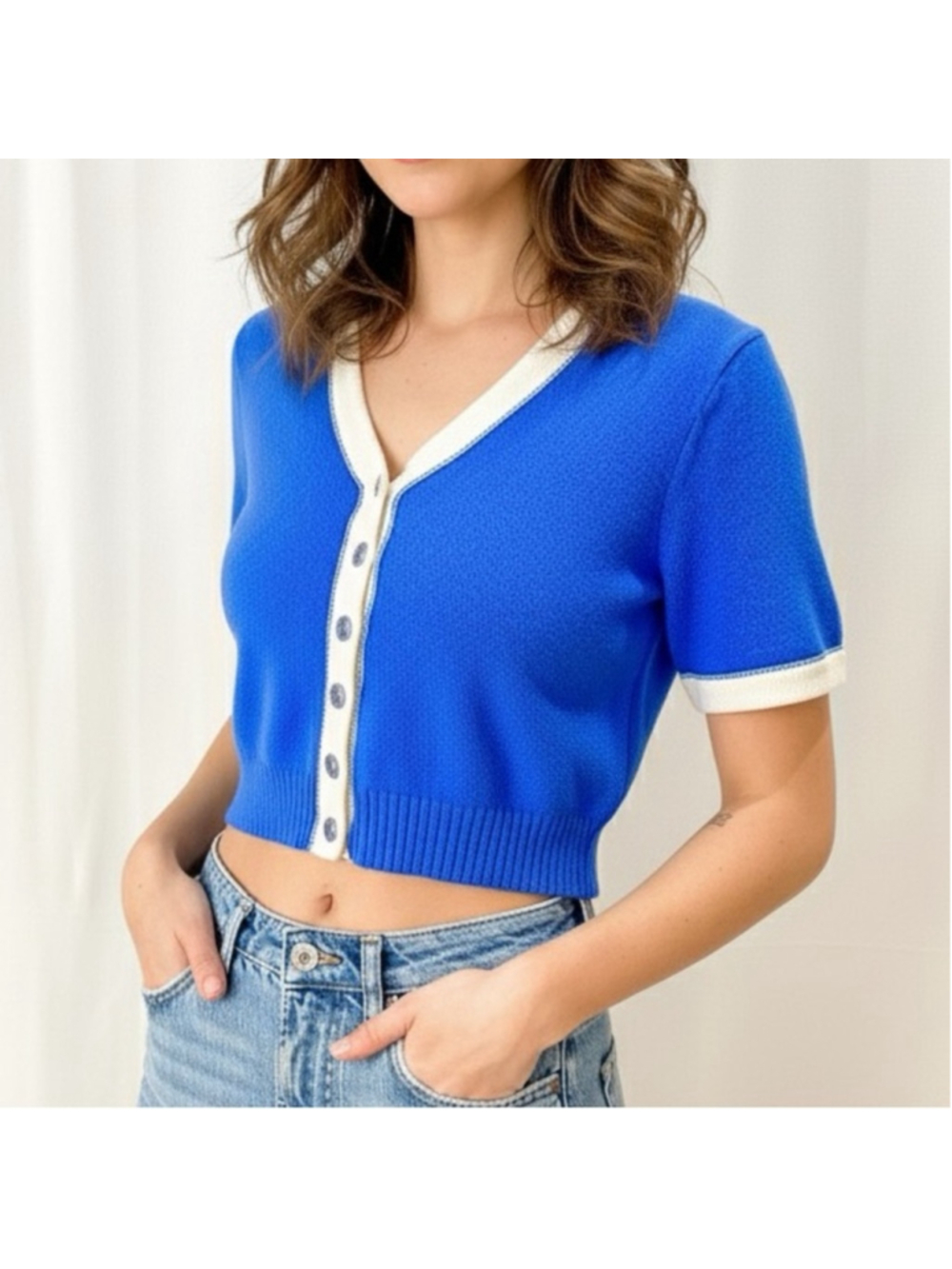 St. John Sport Blue Cropped Short Sleeve Wool Blend Cardigan Size P (US S)